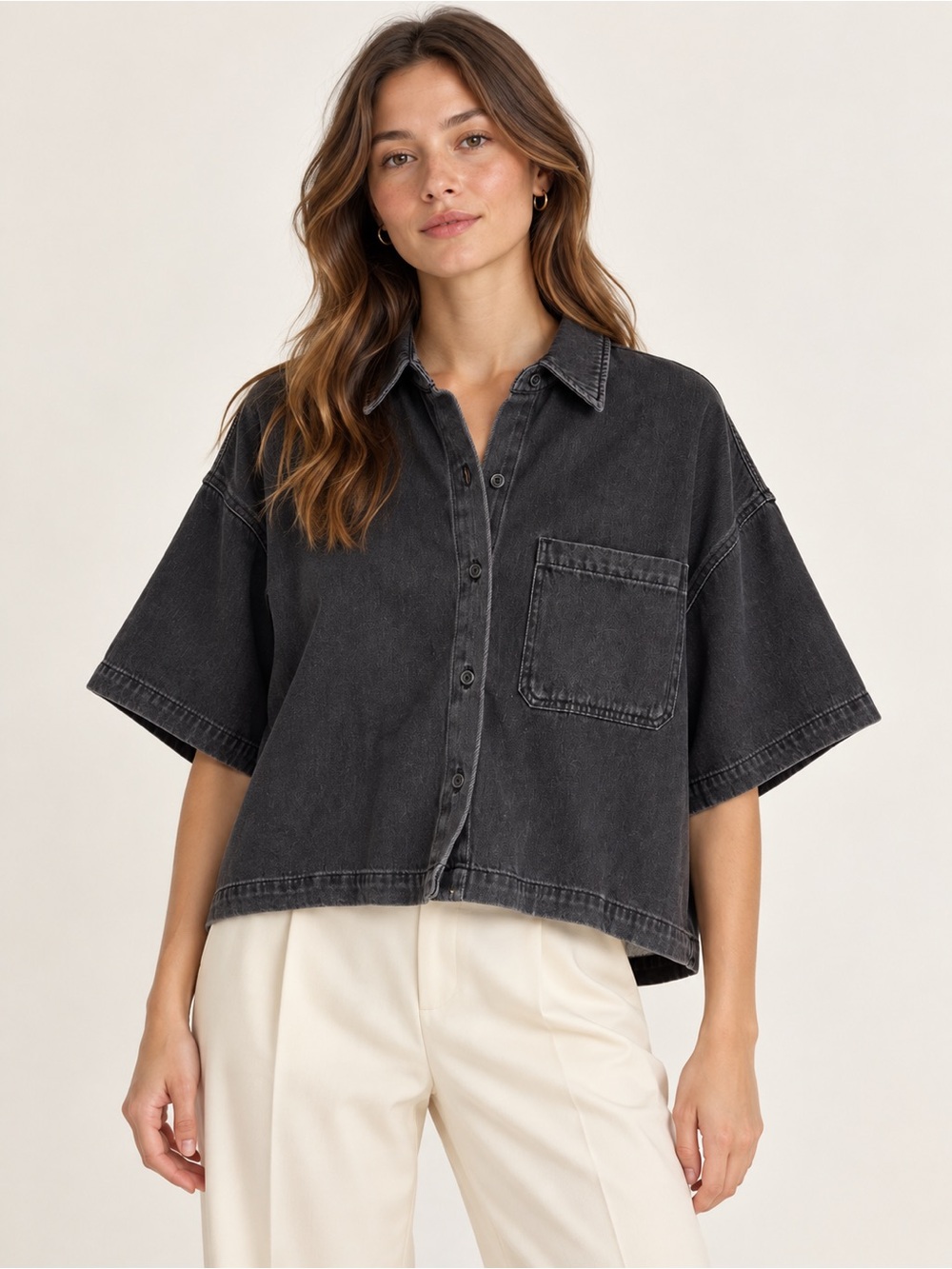 Aritzia Denim Forum Boxy Cropped Denim Shirt Washed Black Size M